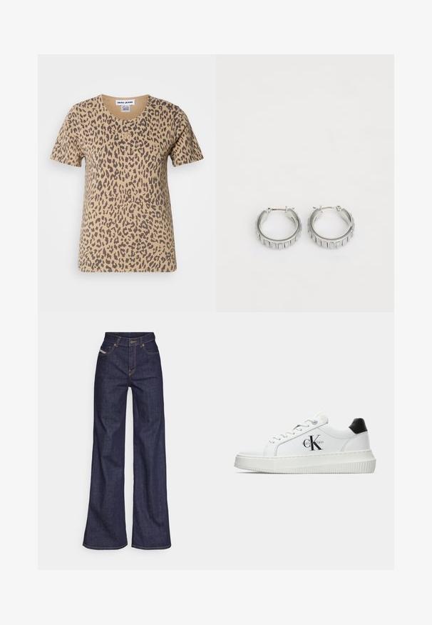 Beżowa koszulka z krótkim rękawem z nadrukiem w panterkę, z okrągłym dekoltem i małym złotym logo na froncie.; Ciemnoniebieskie dżinsy szerokie w nogawkach wykonane z denimu, z wysokim stanem, z pomarańczowymi przeszyciami, pięcioma kieszeniami i zapięciem na guzik.; Białe sneakersy typu low-top z czarnym paskiem na pięcie, platformą, sznurowadłami i logo "CK" marki Calvin Klein na boku.; Srebrne kolczyki w kształcie obręczy o teksturowanym wzorze z pionowymi żłobieniami. Okrągły kształt z pewnym zapięciem. Gładkie wykończenie.