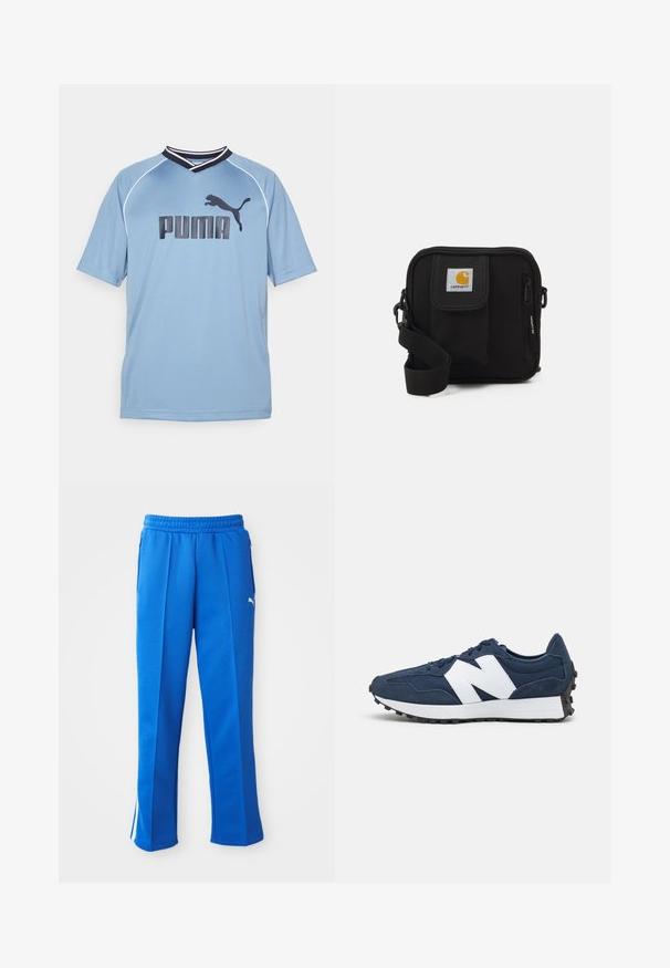 Camisa desportiva azul claro com mangas curtas, decote em V, apresentando o logo preto da Puma e detalhes brancos na gola e nas mangas.; Calças atléticas azuis com um cós elástico, bolsos laterais e detalhes em faixa branca. Feitas de um tecido liso e elástico.; Ténis atléticos azul-marinho com logótipo branco, parte superior em camurça e malha, apresentando um colar acolchoado, atacadores planos e sola texturizada em borracha preta.; Bolsa transversal preta com um compartimento principal com fecho éclair, bolso frontal, alça ajustável e um logotipo visível na aba.