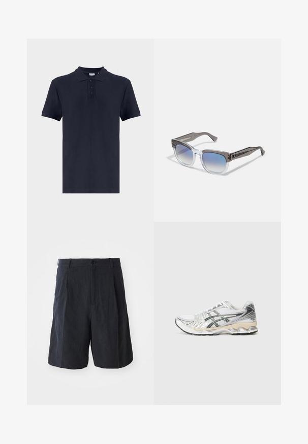 Námornícky polo tričko z textúrovanej tkaniny, s klasickým golierom, tromi gombíkmi a krátkymi rukávmi. Jednoduchý dizajn s rovnými odrezkami.; Weekday LOOSE SUIT - Šortky - black; Biele športové topánky so striebornými a čiernymi akcentmi, sieťovaným zvrškom, štruktúrovaným dizajnom, polstrovanou podrážkou a flexibilným vzorom podrážky.; Sivá a priestranná rámové slnečné okuliare so štvorcovým tvarom, gradientnými modrými sklami a kovovými akcentmi na stranách. Ľahký materiál.