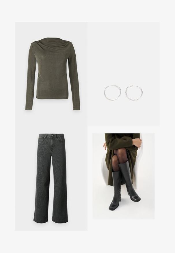 Alyvuogių spalvos ilgos rankovės palaidinė su drapiruotu iškirptės dizainu, pagaminta iš glotnaus, lengvo audinio. Turi prigludusias rankoves ir subtilų blizgesį.; Platus džinsai tamsiai pilkoje denimo medžiagoje, su subtiliu zebro rašto tekstūra, kontrastinėmis siūlėmis ir penkių kišenių dizainu su mygtukiniu užsegimu.; Juodos odinės pradžios ilgio bateliai su kvadratu formos nosimi ir bloko kulnu, demonstruojami su modeliu, sėdinčiu alyvuogių žalios spalvos švarku. Lygi tekstūra, minimalus puošimas.; Sidabrinės auskarai žiedai su sėslia, apvalia forma, pasižymintys lygia paviršiumi ir be matomų puošmenų. Svoris nenurodytas.