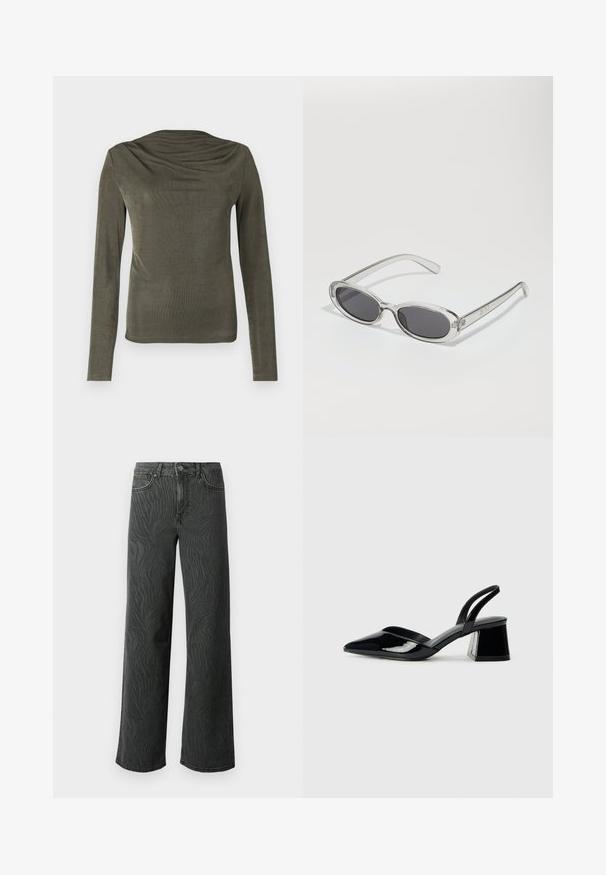 Olivovo zelený dlhý rukáv top s prehnutým výstrihom, vyrobený z hladkej, ľahkej tkaniny. Má priliehavé rukávy a jemný lesk.; Džínsy so širokými nohavicami v tmavošedej denime, s jemnou textúrou v zebrovom vzore, kontrastným prešívaním a dizajnom s piatimi vreckami a gombíkovým zapínaním.; Čierne lakované kožené sandálové podpätky s špicatou špičkou a geometrickým blokovým podpätkom. Disponujú elegantným, minimalistickým dizajnom a hladkým povrchom.; Slnečné okuliare oválneho tvaru, s priehľadným plastovým rámom, tmavošedými šošovkami a tenkými priehľadnými ramienkami s logovými akcentmi a minimálnym detailovaním.