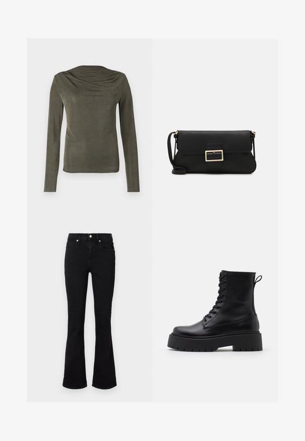 Olīvu zaļš garo piedurkņu tops ar drapētu dekoltē, izgatavots no gludas, vieglas auduma. Piedurknes pieguļošas un ar nedaudz spīdumu.; Melni zvilnēti džinsi ar izplestiem iekšējiem galiem, ar vidēju vidukļa augstumu, priekšējām kabatām un pogu aizdari. Gluda tekstūra ar minimālām šuvju detaļām.; Melni ādas potītēm zābaki ar apļveida purngalu, auklām priekšpusē un biezu gumijas zoli ar teksturētu protektoru. Velkšanas cilpa aizmugurē.; Melnas ādas saķeres soma ar atloku un zelta metāla sprādzi. Ietver melnu siksnu un elegantu, minimālistisku dizainu.