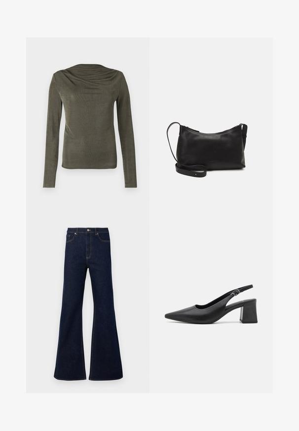 Olive green long-sleeve top with a draped neckline, made from a smooth, lightweight fabric. Features fitted sleeves and a subtle sheen.; Dark blue flared denim jeans featuring a high waist, front pockets, and golden stitching accents. Smooth texture with a traditional cut.; Black leather slingback heeled shoe with a pointed toe and a chunky block heel. Features an adjustable strap with a metal buckle.; Black leather shoulder bag with a smooth texture, curved shape, adjustable strap, and a zip closure. Minimalist design without embellishments.