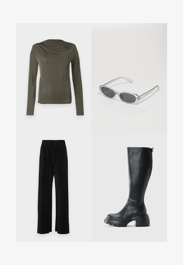 Top de manga longa verde-azeitona com decote drapeado, feito de um tecido suave e leve. Apresenta mangas justas e um brilho subtil.; Calças pregueadas pretas com uma cintura elástica. Apresentam pernas largas e um tecido liso, texturizado com riscas verticais.; Bota preta de couro alta com sola de plataforma robusta e salto bloco, apresentando puxador e padrão texturizado na sola.; Óculos de sol com formato oval, armação de plástico transparente, lentes cinza-escuro e hastes finas transparentes com detalhes do logótipo e um design minimalista.