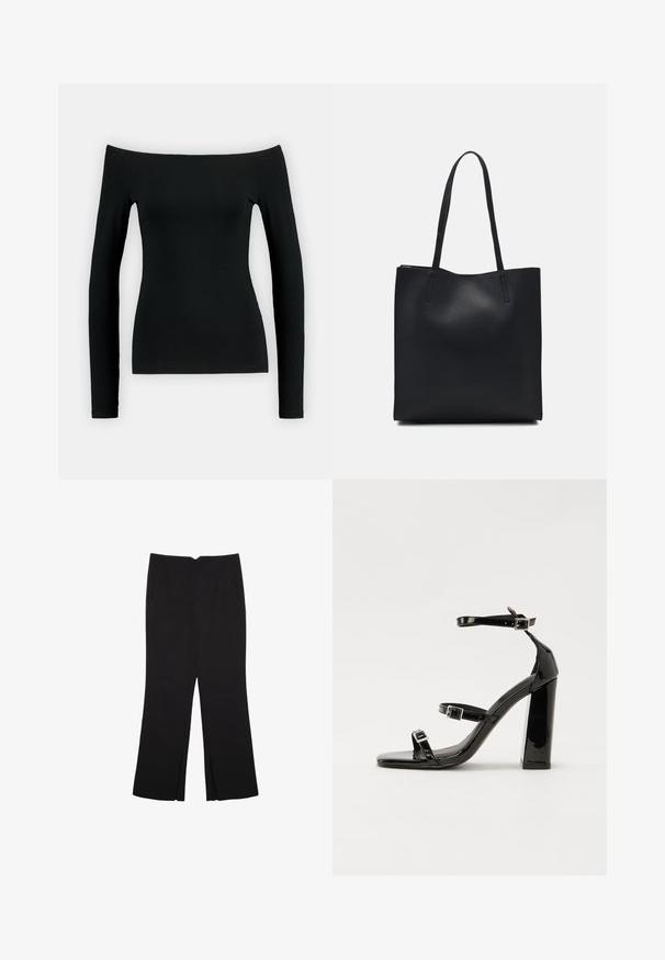 Musta pitkähihaainen paita, jossa on olkaimeton muotoilu. Valmistettu sileästä kankaasta, siinä on istuva malli ja saumatonta rakennetta.; Mustat housut suoralinjaisella leikkauksella, joissa on etutaskut ja sivurei'ät helman alla. Valmistettu pehmeästä ja sileästä kankaasta. Sopii eri tilaisuuksiin.; Musta kiiltäväpintainen korkokengät, joissa on kaksi solkikiinnitystä, neliönmuotoinen kärki ja paksu korko, sileällä, kiiltävällä pintarakenteella.; Mustapahkainen kangaskassi, jossa on sileä pinta, suorakaiteen muotoinen ja kaksi pitkää kahvaa. Ei näkyvää metalliosaa tai koristeita.