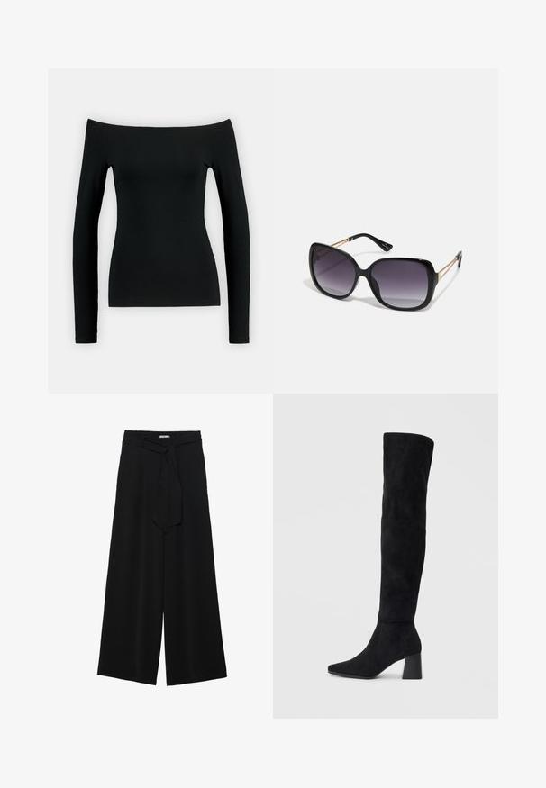 Maglietta nera a maniche lunghe con design scollato sulle spalle. Realizzata in tessuto morbido, presenta una forma aderente e una costruzione senza cuciture.; Pantaloni neri a gamba larga caratterizzati da un tessuto testurizzato, una vita elastica e una cintura staccabile per una vestibilità regolabile.; Stivale in suede nero alto fino al ginocchio con tacco a blocco, punta affusolata e design liscio e senza cuciture su uno sfondo chiaro e semplice.; Occhiali da sole neri oversize con lenti sfumate, montatura spessa e dettagli in catena dorata sulle astine.