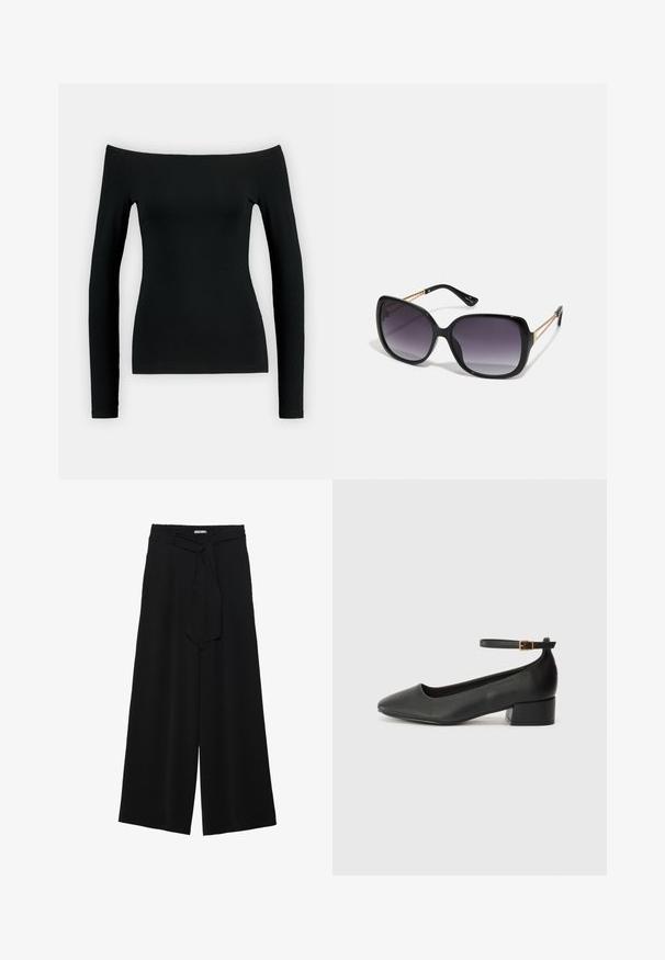 Black long-sleeve top with an off-the-shoulder design. Made from smooth fabric, it features a fitted shape and seamless construction.; Black wide-leg pants featuring a textured fabric, an elastic waistband, and a detachable sash tie at the waist for adjustable fit.; Black leather pump with a pointed toe and a low block heel. Features an ankle strap with a gold-tone buckle. Smooth texture.; Black oversized sunglasses with gradient lenses, thick frames, and gold-tone chain detailing on the temple arms.