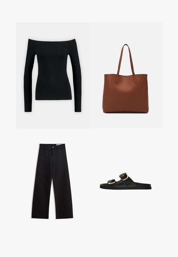 Top negru cu mâneci lungi, cu un design off-the-shoulder. Fabricat dintr-un material neted, are o formă ajustată și o construcție fără cusături.; Pantaloni din denim negri cu picioare largi, cu talie înaltă, având buzunare frontale și posterioare, cusături dublate și închidere cu nasture. Textură netedă.; Sandalie negre cu toc plat, cu două accente de cataramă aurie, din material texturat neted și design minimalist.; Geantă de umăr din piele maro cu o textură netedă, design cu vârf deschis și două curele pentru umăr. Prezintă cusături minime și fără componente metalice vizibile.