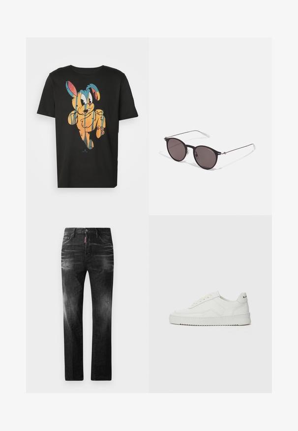 PS Paul Smith MENS FIT RABBIT - Print T-shirt - blacks; Black denim jeans with a straight fit. Features faded areas, minor distressing, classic five-pocket design, and a button closure.; White leather sneaker with a smooth finish, round toe, flat laces, and a textured sole. Features a subtle logo on the heel.; Black round sunglasses with dark lenses and slim metal arms. Includes clear temple tips and silver accents at the hinge. Minimalist design.