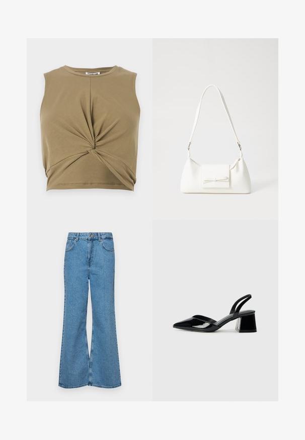 Chaki be rankovėmis iškirptas viršus, pagamintas iš minkštos medžiagos, su sukta priekiu ir apvalia iškirpte, suteikiantis prigludusį siluetą.; Šviesiai mėlynos flared džinsai, pagaminti iš džinsinio audinio, su aukštu liemeniu, penkiomis kišenėmis ir vienu mygtuko užsegimu. Minkštas paviršius su išblukusiu efektu.; Juodos lakuotos odinės šlepetės su smailiu pirštu ir geometriniu bloko kulnu. Turi elegantišką, minimalistinį dizainą ir lygų paviršių.; Balta sintetinė rankinė trikampio formos, plokščiu priekiu su užsegimu, kaspino detale, reguliuojama dirželiu, lygia tekstūra ir minimalistišku dizainu.