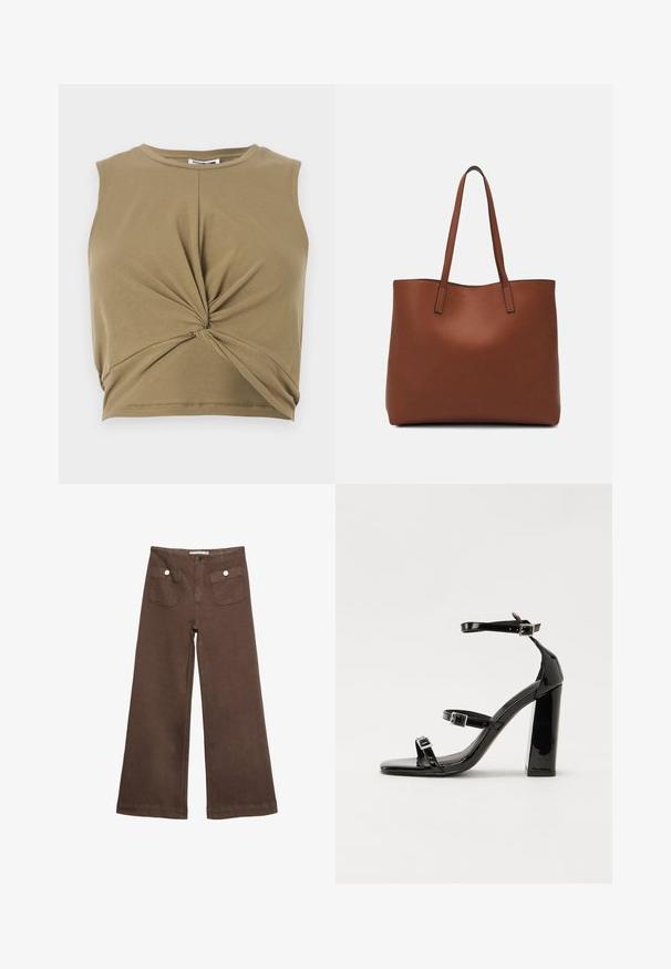 Khaki brezrokavni crop top iz mehkega blaga, z zasukanim sprednjim delom in krožnim ovratnikom za prilegajočo silhueto.; Svetlo rjave široke hlače iz bombaža, ki vključujejo dva sprednja žepa s srebrnimi gumbi in gladko teksturo.; Črne lakaste sandale z visokimi petami, z dvema trakovoma z zaponkama, kvadratnim sprednjim delom in masivno širšo peto, z gladko, sijočo teksturo.; Rjava usnjena torba z gladko teksturo, odprto zasnovo zgoraj in dvema naramnima trakovoma. Opremljena je z minimalnim šivanjem in brez vidnih kovinskih delov.