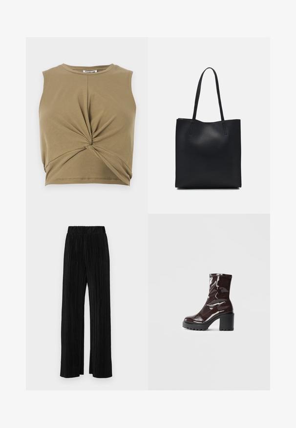Khaki brezrokavni crop top iz mehkega blaga, z zasukanim sprednjim delom in krožnim ovratnikom za prilegajočo silhueto.; Črne plisirane hlače z elastičnim pasom. Imajo široke noge in gladko, teksturirano tkanino z navpičnimi črtami.; Sijajan škrlatank z bleščečim videzom, z masivnim črnim peto, ki se ponaša z gladko teksturo in preprostim dizajnom. Brez vidnih zapenjal ali vzorcev.; Črna usnjena torba s svilnato teksturo, pravokotne oblike in dvema dolgima ročajema. Brez vidnih metalnih delov ali okrasnih elementov.