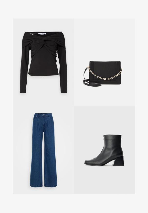 Maglietta nera a maniche lunghe con design off-shoulder, caratterizzata da un knott sul davanti attorcigliato e un tessuto morbido e elastico.; Jeans in denim blu a gamba larga con vita alta, chiusura frontale con bottone e zip, e tasche anteriori e posteriori su uno sfondo semplice.; Stivaletto in pelle nera con punta quadrata, cerniera laterale e tacco squadrato su sfondo chiaro uniforme.; Borsa a tracolla nera in pelle con una texture liscia, forma rettangolare e dettaglio in catena metallica sul davanti. Inclusa una tracolla regolabile.