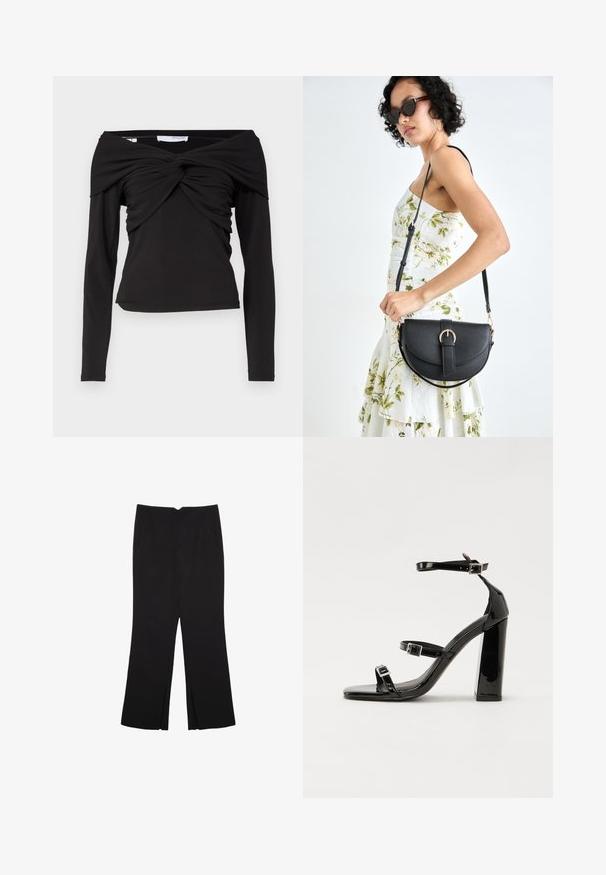 Crna majica dugih rukava s dizajnom bez ramena, koja ima zavrnuti čvor sprijeda i glađi, rastezljivi materijal.; Crne hlače ravnog kroja, s prednjim džepovima i bočnim prorezima na rubu. Izrađene od mekog i glatkog materijala. Pogodne za razne prigode.; Crne lakirane sandale na pete sa kvadratnim nosom, trakama oko gležnja i srebrnim kopčama. Imaju čvrst blok petu za stabilnost.; Crna kožna torba s lukovitim oblikom, odvojivim remenom i zlatnim detaljima. Torba ima preklop s kopčom.