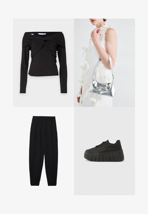 Čierny dlhý rukáv top s dizajnom bez ramienok, s krúteným uzlom vpredu a hladkým, elastickým materiálom.; Čierne, ľahké nohavice s elastickým pásom a zúženými nohavicami. Tkanina je hladká a má voľný, zúžený strih.; Čierne platformové tenisky s hladkým syntetickým zvrškom, zaoblenou špičkou, šnurovacím dizajnom a hrubou, ryhovanou podrážkou pre väčšiu výšku.; Strieborná metalická kabelka so štruktúrovaným tvarom, ktorá má hornú rukoväť a mašľu na prednej strane. Hladká textúra, reflexný povrch.