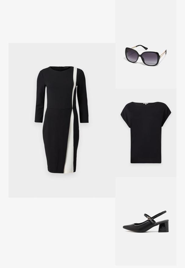 Top scurt negru cu mâneci scurte, realizat dintr-un material neted. Are o croială lejeră, un decolteu larg și o linie a hemului curbată. Design simplu și versatil.; Rochie neagră cu mâneci trei sferturi, având o dungi albă oblică. Fabricată dintr-un material neted, cu talie ajustată și design până la genunchi.; Cizme cu toc slingback din piele sintetică lacuită neagră, cu vârful ascuțit, un design cu decupaj rotunjit și toc bloc. Include un accent cu cataramă de culoare aurie.; Ochelari de soare negri, supradimensionați, cu lentile degradate, rame groase și detalii cu lanț de ton auriu pe brațele templului.