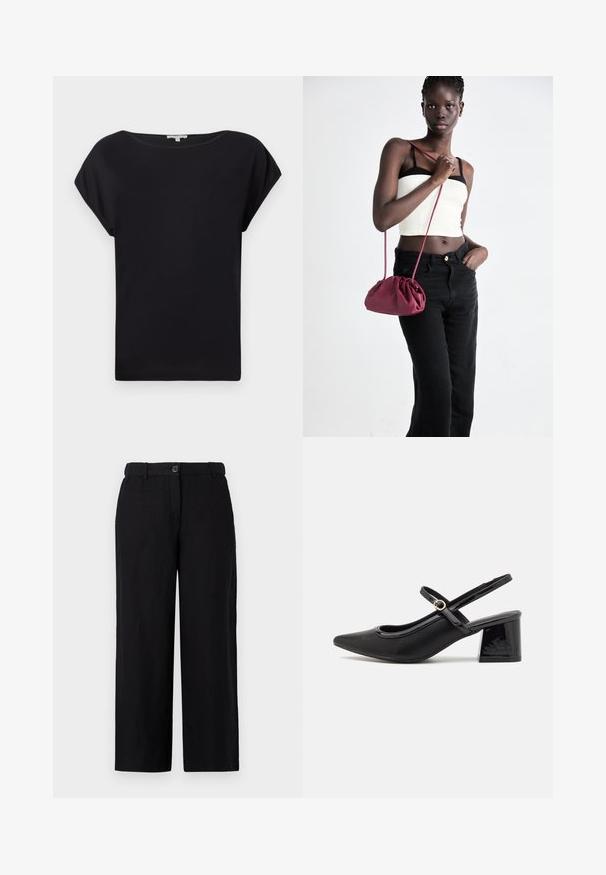 Top nero a maniche corte realizzato in tessuto morbido. Presenta una vestibilità comoda con scollatura ampia e orlo curvo. Design semplice e versatile.; Pantaloni neri a gamba larga realizzati in un tessuto leggero, con chiusura frontale a bottone e passanti per la cintura. Texture liscia senza pattern visibili.; Décolleté in vernice nera con cinturino dietro, punta affusolata, design con ritagli arrotondati e tacco a blocco. Presenta un accento di fibbia tono oro.; Borsa a tracolla in morbido tessuto bordeaux con design arricciato e una lunga tracolla, indossata a tracolla. Il modello indossa un top corto bianco e jeans neri.