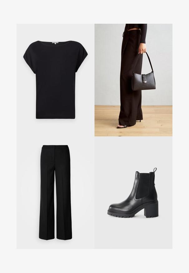 Czarny krótki rękaw top z gładkiego materiału. Posiada luźny krój, szeroką linię dekoltu i zaokrąglony dół. Prosty i wszechstronny design.; Czarne szerokie spodnie o gładkim materiale, z wysokim stanem, dopasowanymi szwami i minimalistycznym designem. Brak widocznych zapięć lub kieszeni.; Czarne skórzane buty za kostkę na grubym obcasie, z elastycznymi bocznymi panelami i pętelką z tyłu. Teksturowana podeszwa dla lepszego uchwytu.; Czarna torebka o usztywnionym kształcie, gładkiej fakturze i metalowym zapięciem. Połączona z szerokimi czarnymi spodniami i sandałami na otwartym palcu na drewnianej podłodze.