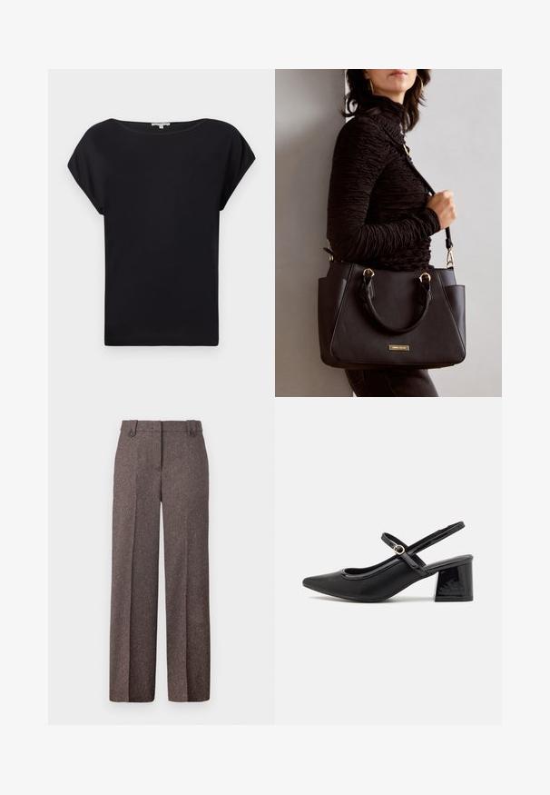 Crni kratki rukav majica od glatkog materijala. Ima opušteni kroj s širokim dekolteom i zakrivljenim rubom. Jednostavan i svestran dizajn.; Smeđe hlače širokog kroja izrađene od teksturirane tkanine. Imaju dva prednja džepa i prilagođeni kroj s dva dugmeta na struku.; Crne lakirane slingback visoke potpetice s šiljastim vrhom, zaobljenim izrezom i blok potpeticom. Sadrži akcent zlatnog tona s kopčom.; Crna torba s teksturiranom površinom, dvostrukim gornjim ručkama i podesivom remenom za rame. Ima zlatne metalne detalje i bočne džepove.