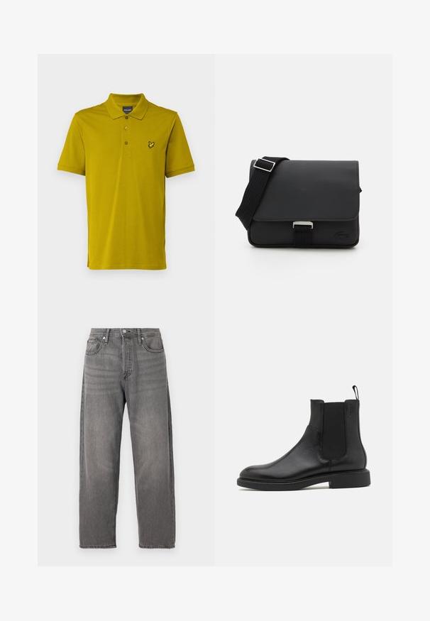 Lyle & Scott PLAIN - Bluză polo - gold coloured; Jeans din denim gri cu o potrivire lejeră, picioare drepte, design cu cinci buzunare și închidere cu nasture metalic. Prezintă o textură decolorată și cusături subtile.; Botine negre din piele cu textură netedă, cu panouri elastice laterale și un tab pentru a fi tras. Vârf rotund și talpă plată din cauciuc cu uzură minimă.; Geantă de umăr neagră, realizată din material texturat, cu închidere prin clapetă, curea ajustabilă și accesorii metalice. Prezintă un detaliu cu logo pe partea din față.