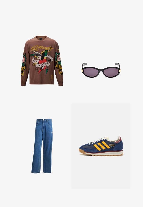 Brązowa, długosleeve koszulka z nadrukami inspirowanymi tatuażami, w tym orłem, różami i banerem z napisem "PRAWDZIWA ŚMIERĆ".; Niebieskie dżinsy o wysokim stanie i szerokich nogawkach z przednimi kieszeniami, paskiem, zapięciem na guziki oraz małym logo Adidas na prawej udzie.; Granatowe zamszowe sneakersy z żółtymi paskami, białymi sznurowadłami i burgundowymi akcentami. Teksturowana podeszwa z rowkami zapewniającymi przyczepność. Logo marki na boku.; Czarne okulary w kocim kształcie z purpurowymi soczewkami. Posiadają złote akcenty przy skroniach. Gładki plastikowy szkielet z błyszczącym wykończeniem.