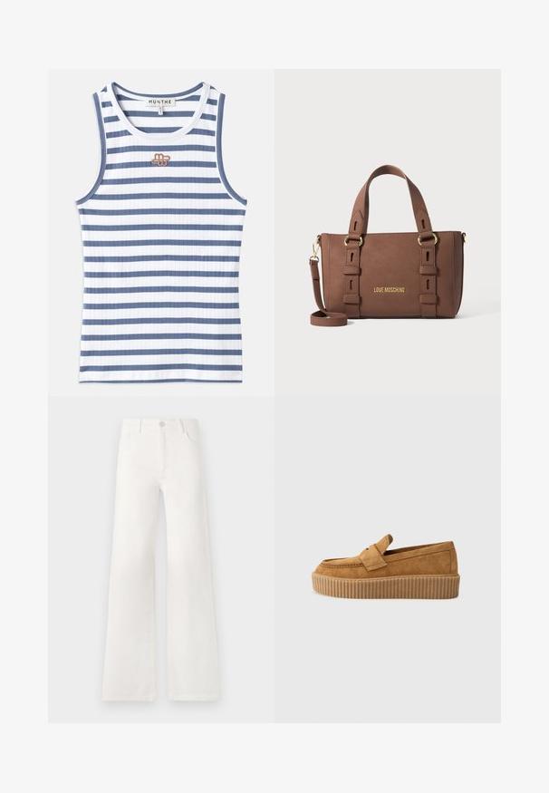 Striped tank top featuring alternating blue and white ribbed fabric. The design includes a small brown logo on the chest and blue trim at the neckline.; White, high-waisted wide-leg jeans made of denim. Features a button closure, two front pockets, and side seams with stitching details.; Brown suede loafer with a round toe, featuring a ribbed platform sole and a decorative strap across the upper.; Brown Love Moschino handbag with double handles, adjustable shoulder strap, and gold-tone hardware on a plain background.