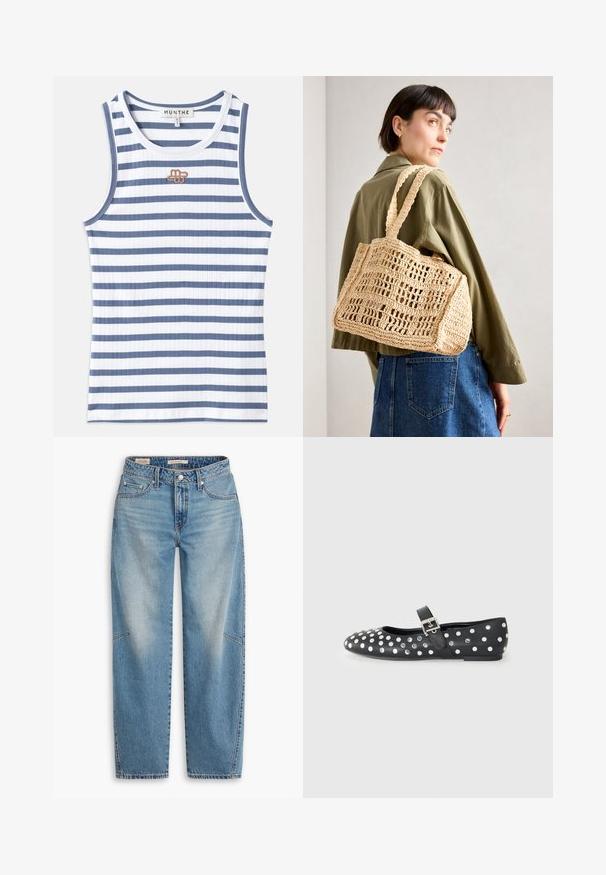 Camisola de alças às riscas com tecido em ribanas alternadas em azul e branco. O design inclui um pequeno logótipo castanho no peito e um acabamento azul na gola.; Jeans de ganga azul claro com corte folgado, perna reta, braguilha de botões, estilo com cinco bolsos e detalhes subtis de desbotamento e costura.; Sapatilha plana de couro preto com bico redondo, apresentando tachas prateadas em padrão de bolinhas e uma tira com fivela sobre o peito do pé.; Saco de crochê tecido em tom de bege, com forma retangular, duas alças largas e um padrão de rede aberto. O design apresenta tecido texturizado e um interior espaçoso.