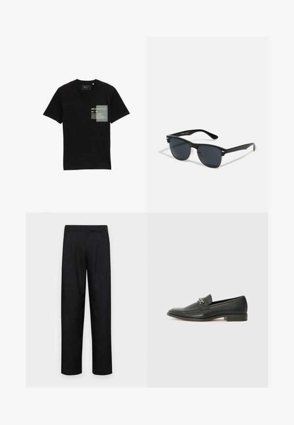 Melnas kokvilnas T-krekls ar apaļu dekoltē, īsām piedurknēm un uz priekšu drukātu taisnstūra grafiku ar tekstu un rakstiem.; Melnas bikses, izgatavotas no gludas auduma, ar taisnu kāju dizainu, divām priekšējām krokām un standarta jostu, kurai ir āķi.; Melna ādas loafer izmēra apavi ar gludu virsmu, piedāvā ar šūtu dizainu un dekoratīvu metāla ķēdes akcentu pār vampu. Plakana papēža daļa.; Melnas saulesbrilles ar taisnstūra formu, tumšiem stenģiem, sudraba akcentiem pie tempļiem un matētu apdari uz rāmja.
