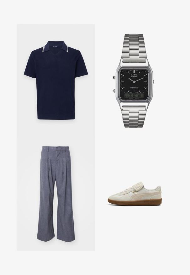 Polo de manga curta azul-marinho com decote em V, apresentando listras brancas duplas na gola e um padrão de malha texturizado em todo o tecido.; Calças cinzentas risca de giz com um design de perna larga, apresentando pregas à frente e uma textura suave. Sem hardware ou detalhes visíveis.; Sapatilha de couro branco com detalhes texturizados, sola de borracha e detalhe em logotipo dourado. Apresenta atacadores e uma fita de velcro para fecho.; Relógio de quartzo em aço inoxidável prateado com um mostrador retangular preto, apresentando ponteiros analógicos, display digital e rótulo de resistência à água.