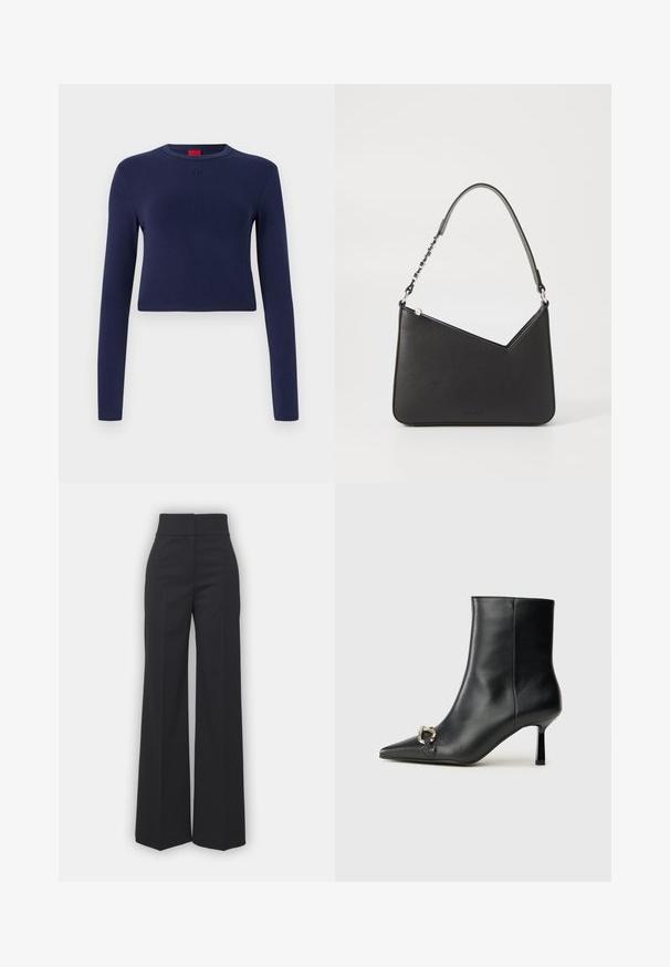 Marineblauw cropped longsleeve top van zachte stof, met een ronde halslijn en een reliëf logo op de borst.; Wijdvallende broek in zwarte stof met een hoge tailleband, met een schone afwerking en een gladde textuur. Geen zichtbare hardware of patronen.; Zwarte leren enkelboot met spitse neus, slanke middenhoge hak en zilveren gespdetail aan de zijkant op een effen achtergrond.; Zwart leren handtas met een driehoekige vorm, een slanke strap en zilveren hardware. Voorzien van een ritssluiting en een reliëflogo op de voorkant.