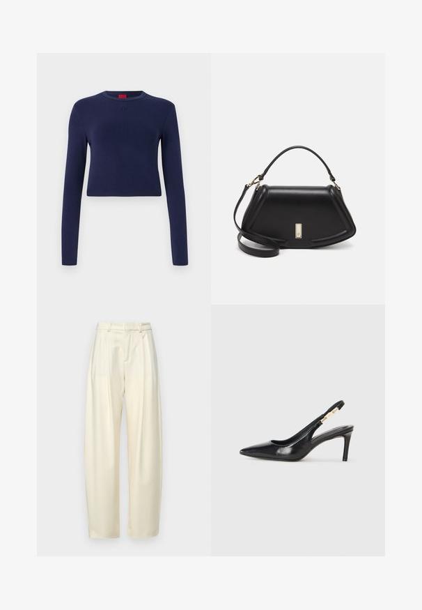 Navy blue cropped long-sleeve top made of soft fabric, featuring a round neckline and embossed logo at the chest.; Pleated, high-waisted trousers in light cream fabric. Features a straight cut and a smooth texture. No pockets or visible hardware.; Black leather slingback high-heeled shoe with a pointed toe, smooth texture, and a narrow ankle strap featuring gold hardware accents.; Black leather handbag with a structured design, featuring a cropped shape, top handle, and gold hardware accent. Adjustable shoulder strap included.