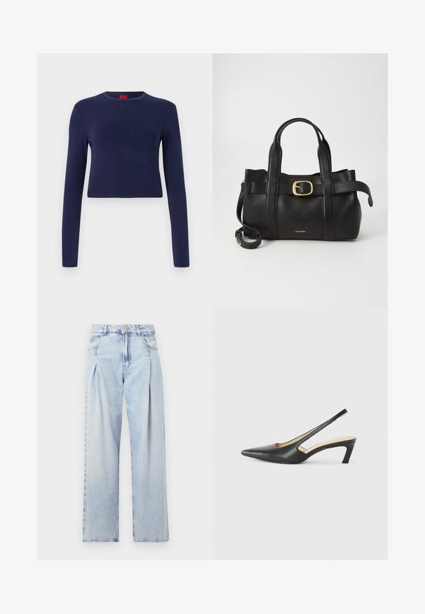 Top a maniche lunghe blu navy, corto, realizzato in tessuto morbido, con scollatura rotonda e logo in rilievo sul petto.; Jeans in denim azzurro chiaro con vita alta, taglio a gamba larga, due tasche laterali e design plissettato. Texture morbida con una finitura sbiadita.; Scarpa slingback nera con punta affilata e tacco basso, realizzata in pelle liscia e con un design a taglio laterale per favorire la traspirabilità.; Borsa a mano in pelle nera con un design strutturato, doppie maniglie superiori, accentuazione in metallo dorato e logo del marchio in rilievo sul davanti.
