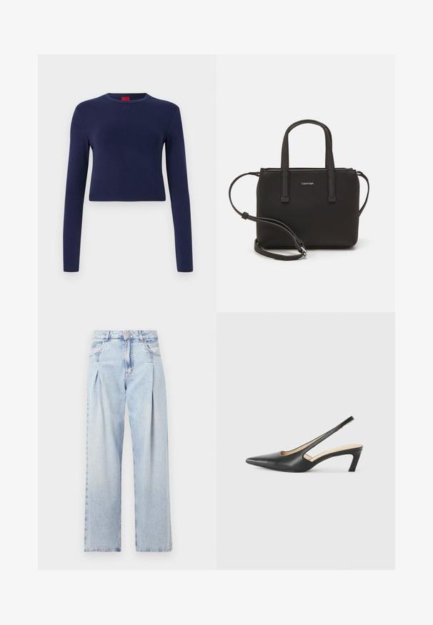 Marineblaue, kurz geschnittene Langarmbluse aus einem weichen Stoff, mit runder Halslinie und geprägtem Logo auf der Brust.; Helle blaue Denim-Jeans mit hoher Taille, weitem Beinschnitt, zwei seitlichen Taschen und gefaltetem Design. Weiche Textur mit einem ausgebleichten Finish.; Schwarzer spitz zulaufender Slingback-Schuh mit niedrigem Absatz, der aus glattem Leder gefertigt ist und seitliche Ausschnitte für Atmungsaktivität aufweist.; Schwarze Handtasche mit zwei kurzen, doppelt geflochtenen Griffen und einem abnehmbaren Schulterriemen. Glattes, lederähnliches Material mit einem Reißverschluss und Logodetail.
