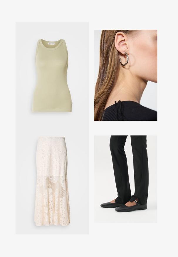 Hellgrünes Tanktop aus weichem Stoff. Verfügt über einen runden Ausschnitt und ein ärmelloses Design mit einem sauberen Finish.; Blumige Spitzen-Midi-Rock in Creme; verfügt über ein geschichtetes Design mit transparenten Abschnitten, strukturierter Spitze und einem ausgestellten Saum.; Schwarze Leder-Ballerinas mit spitzer Zehenpartie, Riemchen mit silberner Schnalle, kombiniert mit schwarzen taillierten Hosen mit Schlitzsaum.; Silberne Creolen mit polierter Oberfläche, die kleine goldene Akzentdetails und eine runde Form aufweisen, am Ohrläppchen getragen.