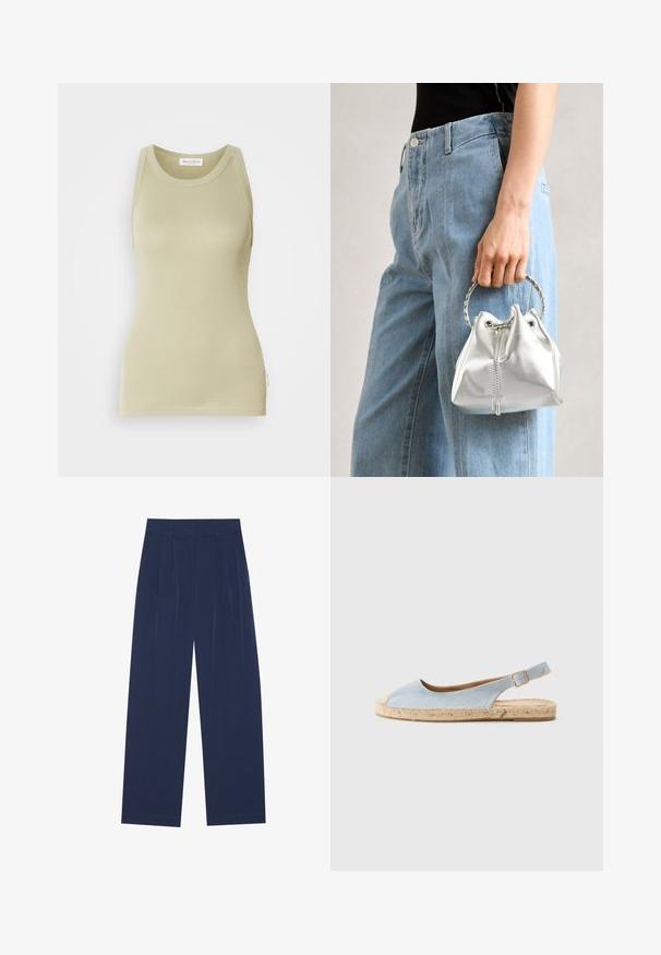 Top in oliva chiaro realizzato in tessuto morbido. Presenta un collo arrotondato e un design senza maniche con rifinitura pulita.; Pantaloni a gamba larga blu navy realizzati in tessuto morbido, dotati di pieghe frontali, una texture liscia e una vestibilità dritta senza tasche visibili.; Espadrilla azzurra chiara con design a slingback, caratterizzata da una punta arrotondata, suola in giuta e tacco piatto. Texture morbida con dettagli di cucitura minimi.; Borsa a secchiello metallica argento con finitura testurizzata, decorata con un manico rotondo argento e chiusura a cordoncino, tenuta contro dei jeans azzurri.