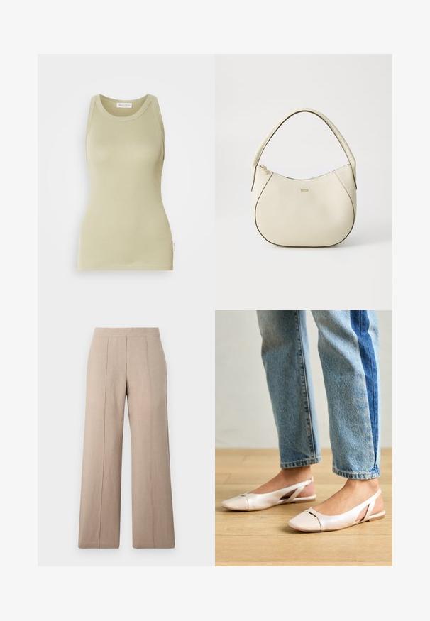 Világos olíva zöld pólóujjú felső, puha anyagból készült. Kerek nyakkivágással és ujjatlan megjelenéssel rendelkezik, tiszta kidolgozással.; Beige széles szárú nadrág könnyű anyagból, elülső plissékkel, sima derékkal és egyenes vonalú, tiszta szegéllyel.; Világos rózsaszín slingback laposlábú cipők, hegyes orral, sima bőrhatású anyagból készült. Oldalt kivágott részletek találhatók rajta, valamint lapos sarkú.; Krém színű kézi táska texturált felülettel, ívelt formával, rövid fogantyúval és arany színű logó részlettel. Cipzáros záródás a tetején.