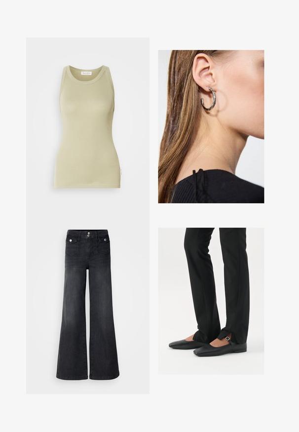 Light olive green tank top made of soft fabric. Features a rounded neckline and sleeveless design with a clean finish.; Black denim wide-leg jeans with a high waist, front buttons, and two front pockets; smooth texture with a slight fade finish.; Black leather ballet flats with a pointed toe, strap with silver buckle, paired with black tailored pants featuring a slit hem.; Silver hoop earring with a polished finish, featuring small gold accent details and a round shape, worn on the lobe.