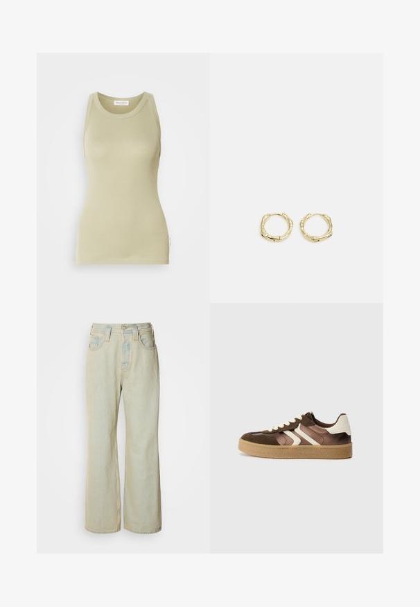 Débardeur vert olive clair en tissu doux. Présente un col arrondi et un design sans manches avec une finition soignée.; Jean large bleu clair en denim, avec une taille haute, cinq poches, et un léger délavage avec des accents de couture contrastante.; Baskets marron et crème en combinaison de daim et de satin, avec trois bandes diagonales et une semelle en gomme texturée.; Boucles d'oreilles en or en forme de cerceau avec une texture et une forme irrégulière. Présentent une fermeture sans couture et une finition polie, soulignant un design moderne.