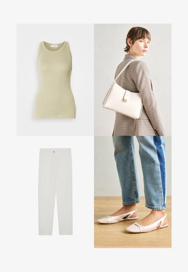 Light olive green tank top made of soft fabric. Features a rounded neckline and sleeveless design with a clean finish.; White, tailored trousers with a straight leg design, featuring a button closure, belt loops, and side pockets; smooth fabric texture.; Pale pink slingback flats with a pointed toe, made from a smooth leather-like material. Features cut-out details at the sides and a flat heel.; White leather handbag with a structured design, featuring a magnetic clasp and a shoulder strap, showcased against a neutral background.