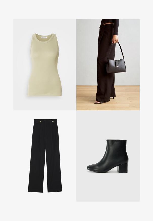 Lys olivengrønn tanktop laget av mykt stoff. Har en rund halslinning og erermet design med en ren finish.; Svart vide bukser med høy midje, knappdetaljer på midjebåndet og frontplisser.; Sorte skinn ankelsko med spiss tå og chunky hæl. Glatt tekstur med minimale detaljer og et elegant, tettsittende design.; Svart håndveske med strukturert form, jevn tekstur og metallisk lås. Kombinert med brede svarte bukser og sandaler med åpen tå på tregulv.