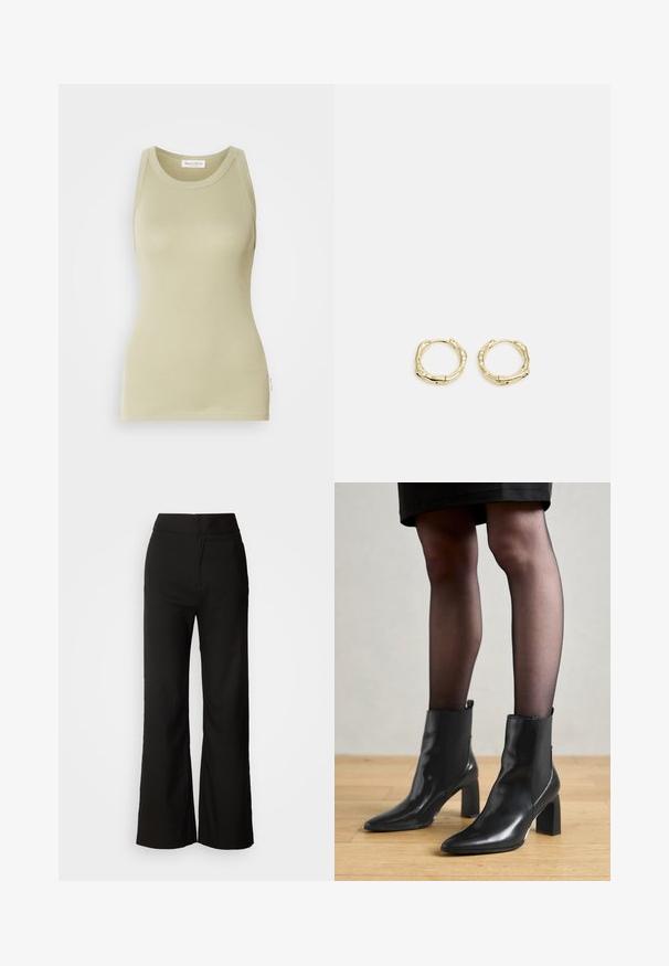 Top in oliva chiaro realizzato in tessuto morbido. Presenta un collo arrotondato e un design senza maniche con rifinitura pulita.; Pantaloni neri a gamba larga con texture liscia, vita alta e design semplice. Nessuna tasca visibile o decorazioni.; Stivaletti neri in pelle con punta affusolata, tacco quadrato imponente e design elegante. Dotati di pannelli laterali elasticizzati per una facile vestibilità.; Orecchini a cerchio in oro con una forma irregolare e texture. Presentano una chiusura senza giunture e una finitura superficiale lucida, che enfatizza un design moderno.