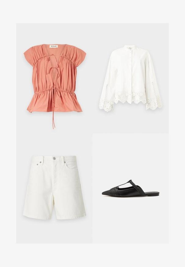 Paita katoenista persikanväristä, jossa on rypytetty yksityiskohta, lyhyet hihat ja kiristetty vyötärö. Sisältää säädettävät siteet kaula-aukossa ja helman kohdalla.; Valkoinen pitkähihainen napitettava paita, jossa on pitsikoristelu hihoissa ja helmassa, mandariinikaulus ja hienovaraiset koristeompeleet.; Valkoiset farkkushortsit suoralinjaisella leikkauksella, viiden taskun muotoilulla, edessä napituksella, hopeisilla yksityiskohdilla ja ommelluilla yksityiskohdilla.; Musta nahkasandaali, jossa on terävä kärki, somistettuna kudotulla yksityiskohdalla ja pleatatuilla yläosilla. Litteä pohja, jossa on vähäisiä tarvikkeita.