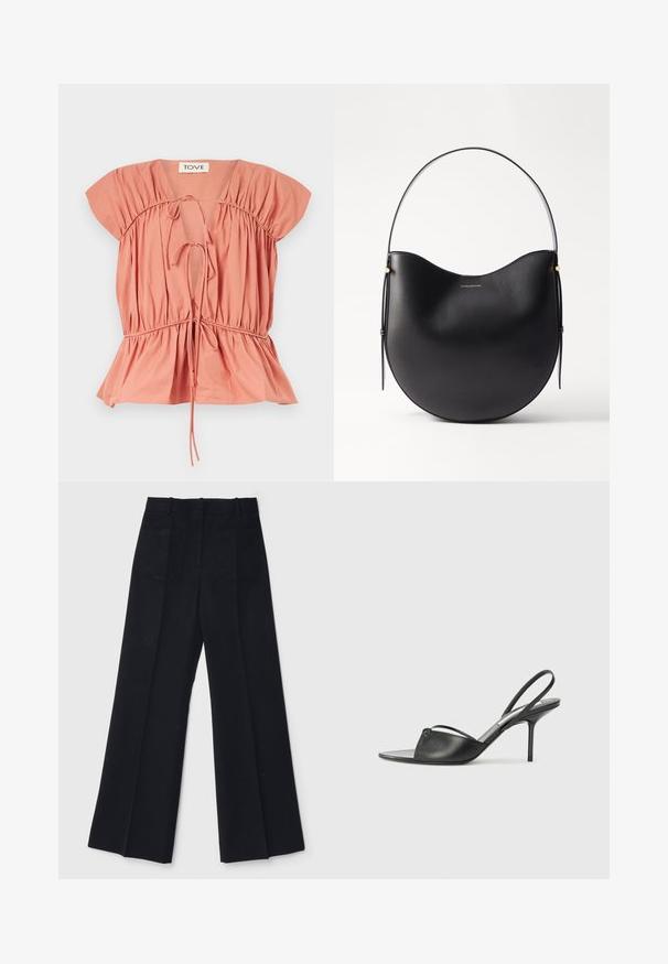 Persiko spalvos medvilnės marškinėliai su surinktais detalėmis, trumpomis rankovėmis ir susiaurintu liemeniu. Rekomenduojama reguliuojamos virvutės iškirptėje ir apatinėje dalyje.; Juodi plačių kojų kelnes, pagamintas iš lygios medžiagos, su aukštu liemeniu, dviem užpakalinėmis kišenėmis ir subtiliomis priekinėmis raukšlėmis, suteikiančiomis papildomą formą.; Juodos odinės slingback aukštakulnės bateliai su smailiu priekiniu galu, plona kulkšnies juostele ir stiletto kulnu. Papuošti mazginio detalė vampyro dalyje.; Juodas odinis peties krepšys su kreiviu kontūru, plona rankena ir subtiliais auksiniais akcentais. Lygaus paviršiaus su minimalistiniu dizainu.