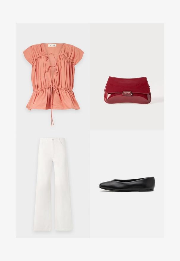 Breskvaste barve bombažna majica z nabranimi detajli, kratkimi rokavi in poprsjem, ki je stisnjeno. Ima prilagodljive vrvice na izrezu in robu.; Bela, visoko pasovana široka obrtnica iz denima. Ima zaponko, dva sprednja žepa in stranske šive s podrobnostmi šivanja.; Paul Smith TOPANGA - Balerinke - black; Rdeča lakasta usnjena torbica z ukrivljenim dizajnom, preklopnim pokrovom in kovinskim logotipom na srebrni plaketi. Gladka, sijajna tekstura.