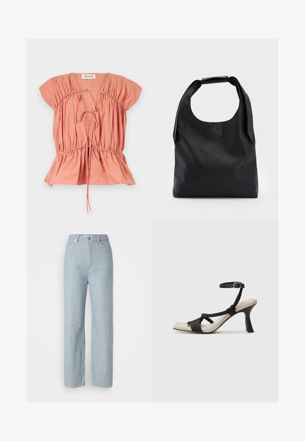 Breskvaste barve bombažna majica z nabranimi detajli, kratkimi rokavi in poprsjem, ki je stisnjeno. Ima prilagodljive vrvice na izrezu in robu.; Svijetloplave traperice ravnog kroja. Imaju pet džepova, metalno kopčanje na dugme i suptilno izbjeljivanje za teksturu.; Črne sandale na visoki peti z prepletenim trakom, kvadratnim nosom in nastavljivim gležnjenjem. Svetlo bež podplat z sijajno črno peto.; Črna usnjena torba hobo z enim mehkobnim, okroglim ročajem; ima gladko teksturo in minimalističen dizajn. Brez vidnih kovinskih delov ali poudarkov.