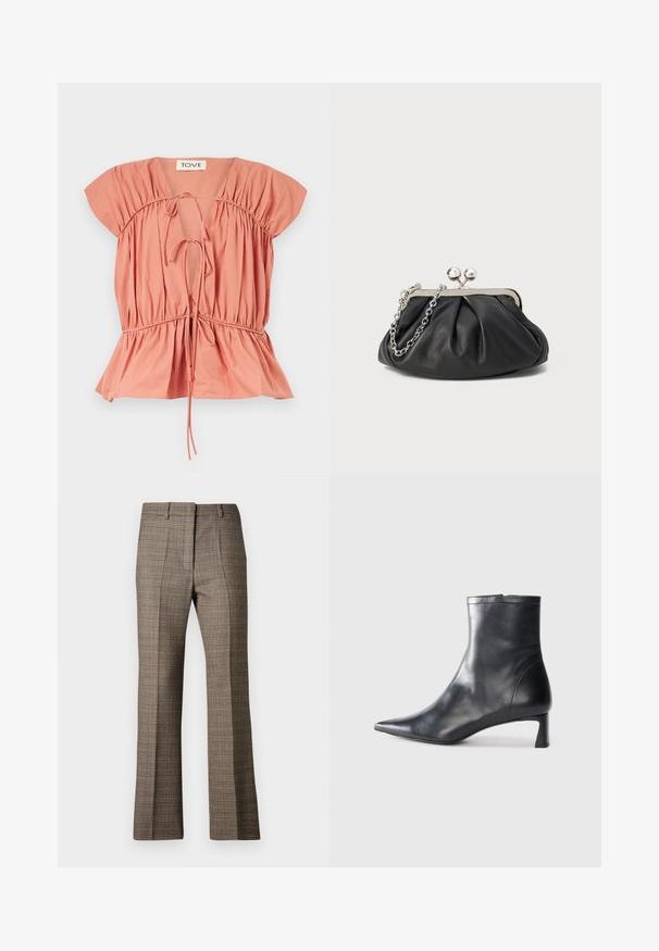 Őszibarack színű pamut felső, ráncolt részletekkel, rövid ujjakkal és megkötött derékkal. Állítható kötőkkel a nyaknál és az alján.; Barna kockás nadrág egyenes szabással, texturált anyaggal, és a mintázatban lágy bézs és sötétebb barna árnyalatokkal.; Fekete bőr bokacsizma hegyes orral és letisztult dizájnnal. Alacsony sarka és hátsó cipzáras záródása van. Simának tűnő textúra.; Fekete bőr táska ráncolt textúrával, ezüst színű fémszerkezettel, csattal záródó fedéllel és láncos pánttal. Simító, puha felület.