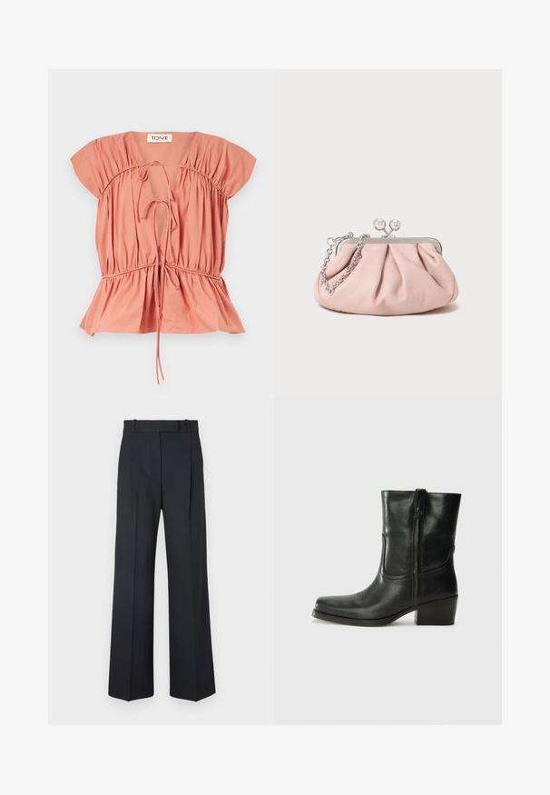 Abrikosfarvet bomuldsbluse med samlet detaljering, korte ærmer og en indsnævret talje. Har justerbare snore ved udskæringen og kanten.; Mørkeblå stribede bukser med høj talje, vidde bendesign og ingen synlig hardware eller dekorationer. Glat tekstur og skræddersyet pasform.; Sort læder ankelstøvle med rundt tå, blokhæl, lynlås i siden og stikninger på vampsiden. Glat tekstur, klassisk design.; Rosa læder clutch-taske med en samlede design, metalramme, to runde låse og en sølv kædetræksrem. Glat tekstur, kompakt form.