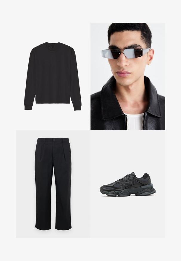 Must must hülst, mis on valmistatud pehmest puuvillast. Omab ümarat kaelust ja ribaga mansette, lõdva istuvusega ning ilma mustrite või graafikata.; Mustad sirgedega mustad püksid, millel on sirge lõige, ees pleatid, nupuga kinnitamine ja sile kangatekstuur.; Mustad mustus jooksukeng, mis sisaldab segu võrgust ja sünteetilisest materjalist, jäme talla, kaarduv disain ja silmapaistev bränding külgedel.; Angular hallikatega tumedad prillid hõbedaste detailidega, heleda tausta ees. Prilliklaasid omavad ainulaadset geomeetrilist kuju.