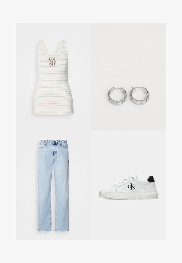 Äärtepuuduv tipp, millel on koorevärvi kangas ja sinised horisontaalsed triibud, ning keskel pruun "CALVIN KLEIN" logo. Sile tekstuur.; Heledad sinise värvi laiad teksad, mis on valmistatud denimist, kõrge vöökoht, pleekinud pesu ja peen tie-dye muster ettepoole.; Valge madalate sokkidega jooksutoss, millel on must konts, platvormi tallad, paelad ja Calvin Kleini "CK" logo küljel.; Hõbedased rõngassõrmed tekstureeritud disainiga, kus on vertikaalsed sooned. Ümmargune kuju ja kindel lukustus. Sile viimistlus.