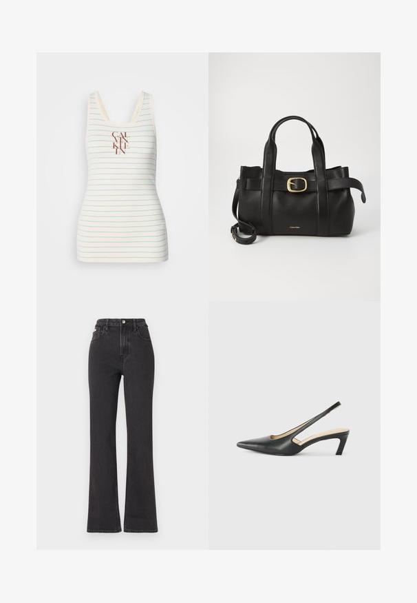 Ermeløs tanktopp laget av kremfarget stoff med blå horisontale striper og et sentrert brunt "CALVIN KLEIN"-logo. Glatt tekstur.; Svarte høyt midje, utsvingte jeans laget av denim, med knappelukking, beltehemper og sidelommer. Glatt tekstur med minimal falming.; Svart spiss tå slingback-sko med lav hæl, laget av jevnt skinnmateriale og med utskåret design på siden for pusteevne.; Svart lærveske med en strukturert design, doble topphåndtak, gullfarget spenneakent og preget merke-logo foran.